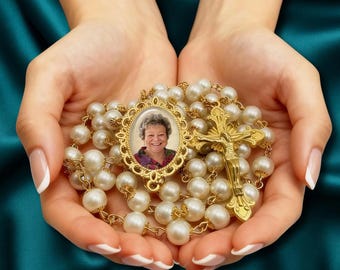 Custom Photo Rosary Necklace – White and Gold Catholic Memorial Jewelry with FREE Photo Restoration