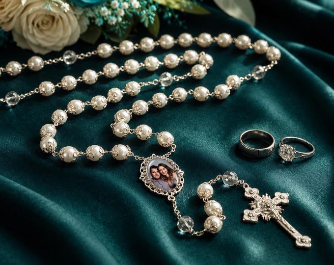 Luxurious Catholic Wedding Rosary with Your Photo White Glass Pearl Beads Handcrafted - Family Heirloom Keepsake Gift for Bride and Groom