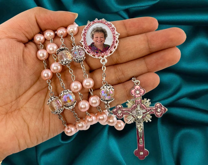 Pink Pearl & Crystal Catholic Rosary Beads for Wedding, Communion, Confirmation, Quinceañera, Memorial Celebration of Life or Sympathy Gift