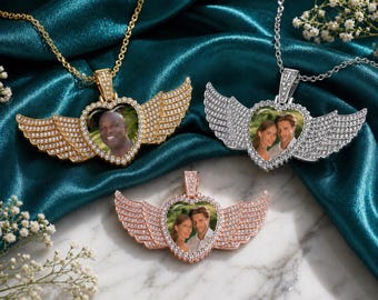 Personalized Memorial Photo Heart Pendant with Rhinestones | Angel Wing Medallion | Sympathy or Keepsake Gift