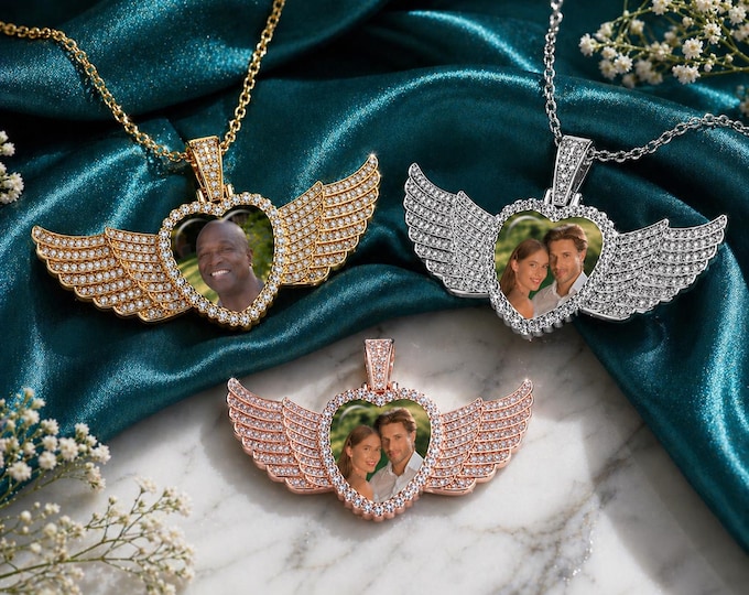 Personalized Memorial Photo Heart Pendant with Rhinestones | Angel Wing Medallion | Sympathy or Keepsake Gift