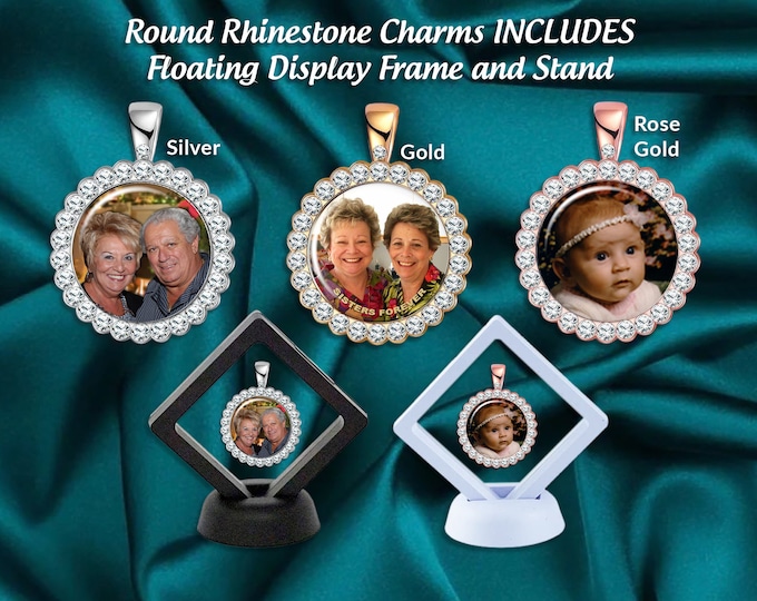 Custom Photo Rhinestone Charm for Bride, Includes Floating Display Frame, Personalized Remembrance Memorial Keepsake for the Bride