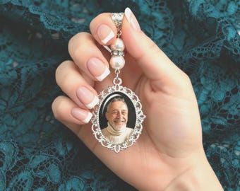 Photo Memorial Pearl Bouquet Charm – Wedding Keepsake Pendant, Custom Picture Charm for Bride, Something Blue Bridal Memory Gift