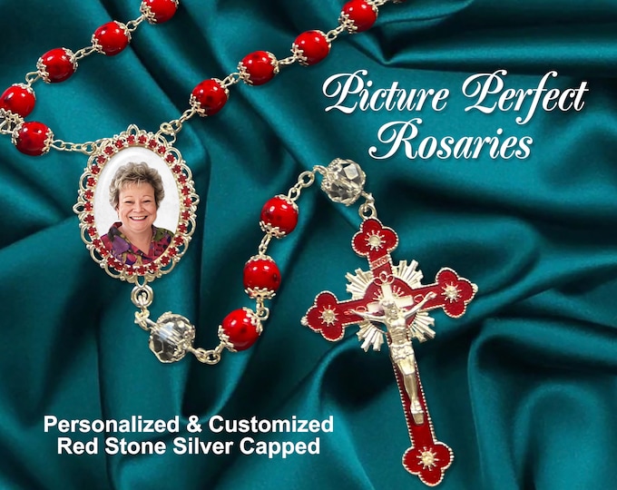 Picture Perfect Photo Rosary Beads – Red Stone Silver capped for Wedding, Baptism, Confirmation, Quinceañera, Celebration of Life Gift