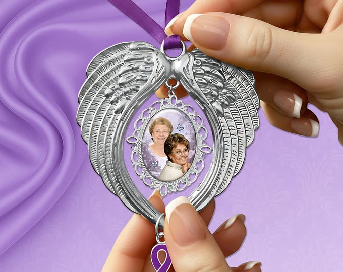 Silver Angel Wing Custom Photo Ornament Keepsake – Sympathy, Celebration of Life, or Alzheimer’s Tribute Memorial Gift