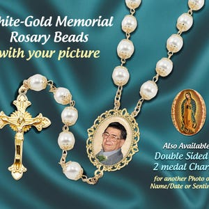 White/Gold Memorial Rosary Beads with Your Photo Added for a Great Personalized Sympathy Gift & Custom Catholic Keepsake in Gift Box