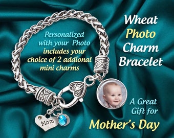 Photo Charm Bracelet with Your Picture Includes 2 Mini Charms on Wheat Cable Twisted Bracelet with Heart Clasp, Memorial Jewelry