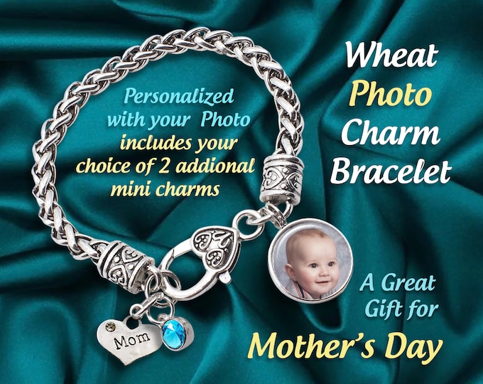 Photo Charm Bracelet with Your Picture Includes 2 Mini Charms on Wheat Cable Twisted Bracelet with Heart Clasp, Memorial Jewelry