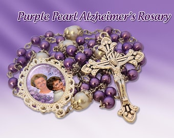 Purple Pearl and Silver Filigree Alzheimer’s Rosary – Personalized Photo Keepsake with Multiple Medals