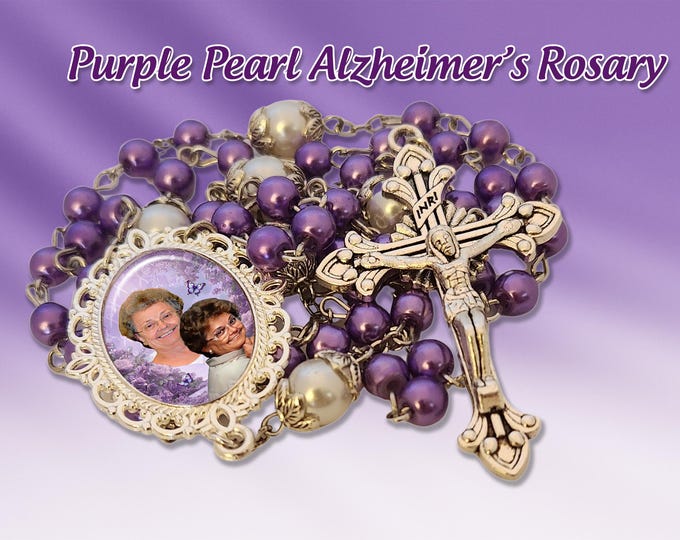 Purple Pearl and Silver Filigree Alzheimer’s Rosary – Personalized Photo Keepsake with Multiple Medals