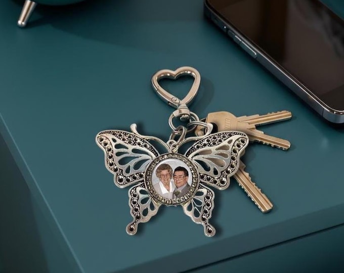 Personalized Butterfly Photo Charm Keepsake - Custom Keychain, Memorial Ornament, Wedding Bouquet and Special Gift for Family & Friends
