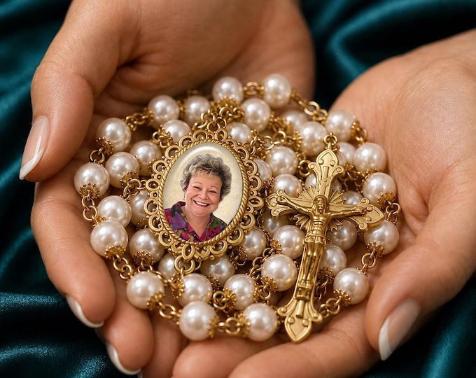 Custom Photo Rosary Beads – White and Gold Catholic Memorial Jewelry with FREE Photo Restoration