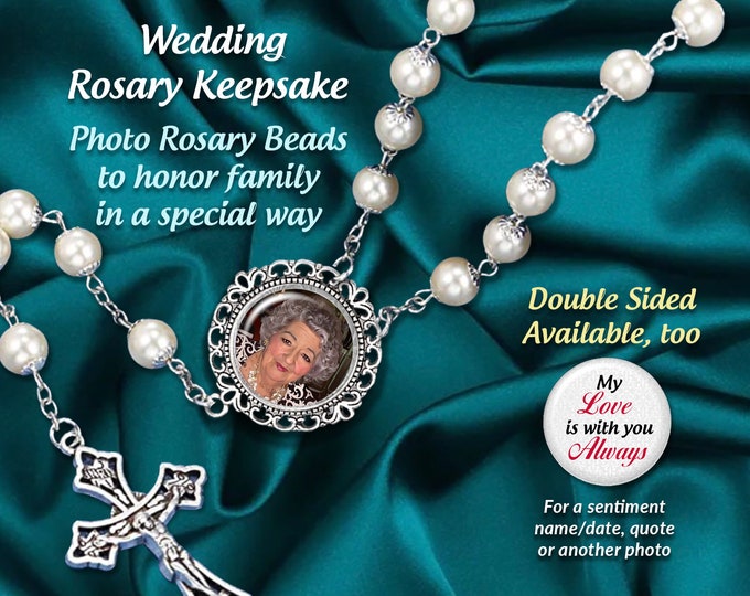 Brides Personalized Photo Rosary Beads, Elegant WHITE -Silver Crowns,  for Weddings, Quinceañeras, Sacraments, Memorials, 2- Sided