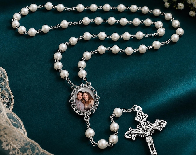 Custom Photo Rosary Beads, White Beads -Silver Crowns, for Anniversaries, Weddings, Quinceañeras, Sacraments, Memorials