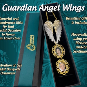 Guardian Angel Wings with 2 Photo Charms for Bridal Wedding Bouquet or Personalized Christmas Memorial Ornament In Memory Of Loved Ones