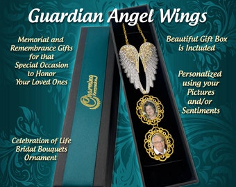 Guardian Angel Wings with 2 Photo Charms for Bridal Wedding Bouquet or Personalized Christmas Memorial Ornament In Memory Of Loved Ones