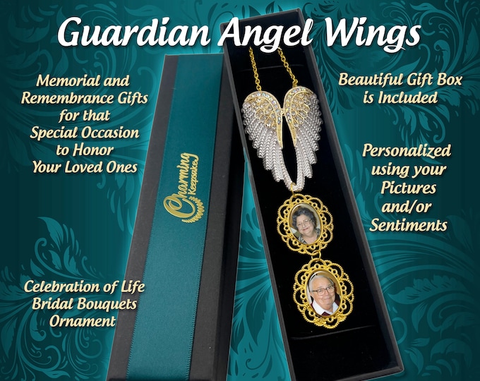 Guardian Angel Wings with 2 Photo Charms for Bridal Wedding Bouquet or Personalized Christmas Memorial Ornament In Memory Of Loved Ones
