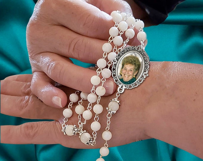 WHITE,Personalized Photo Rosary Beads, For Wedding, Communion Custom Made with Your Picture, Memorial Remembrance, Catholic Prayer Beads