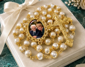 Custom Photo Rosary Necklace – White and Gold Catholic Memorial Jewelry with FREE Photo Restoration