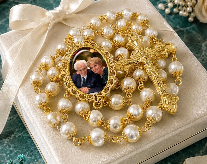 Custom Photo Rosary Necklace – White and Gold Catholic Memorial Jewelry with FREE Photo Restoration