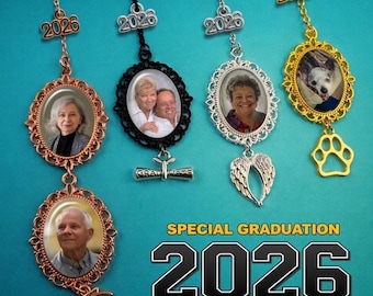 Custom 2026 Graduation Photo Charm for Tassel & Includes Keepsake Grad-Cap Shape Gift Box with Custom Message