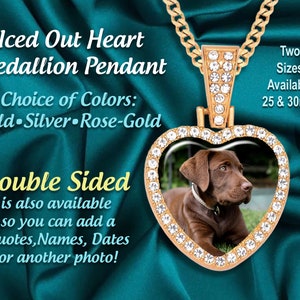 Custom Heart Shaped Photo (25mm) Medallion Pendant Necklace, Hip Hop Iced Out Design with Your Favorite Picture, Makes a Great Gift