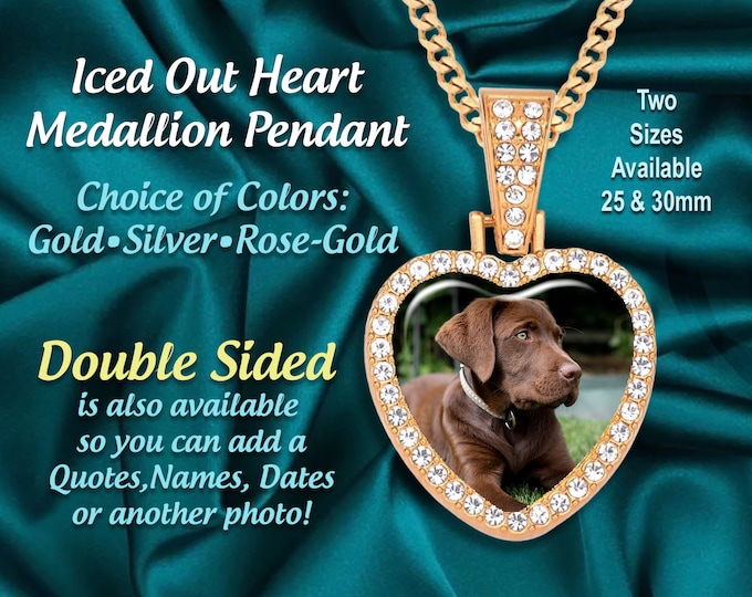Custom Heart Shaped Photo (25mm) Medallion Pendant Necklace, Hip Hop Iced Out Design with Your Favorite Picture, Makes a Great Gift