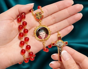 Red St. Benedict Photo Rosary, Personalized with Your Picture for Birthdays, Anniversaries, Memorial Sympathy Celebration of Life