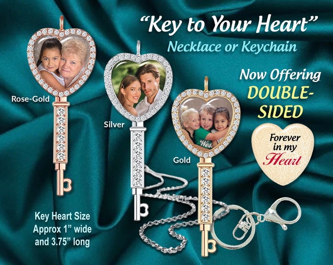 Personalized Key to Your Heart, Photo Pendant Necklace OR Keychain, For Mom, Girlfriend, Sister, Grandma, Mother’s Day Keepsake, Heirloom