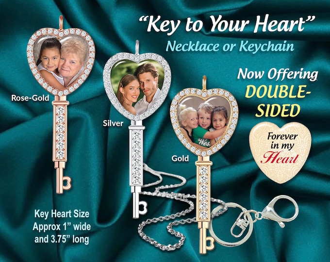 Personalized Key to Your Heart, Photo Pendant Necklace OR Keychain, For Mom, Girlfriend, Sister, Grandma, Mother’s Day Keepsake, Heirloom