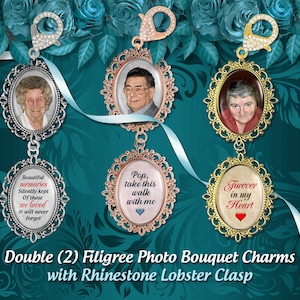 2 Two Memorial Wedding Bouquet Photo Charms with Rhinestone Lobster Clasps Great Brides Gift to Honor Loved Ones on your Special Day