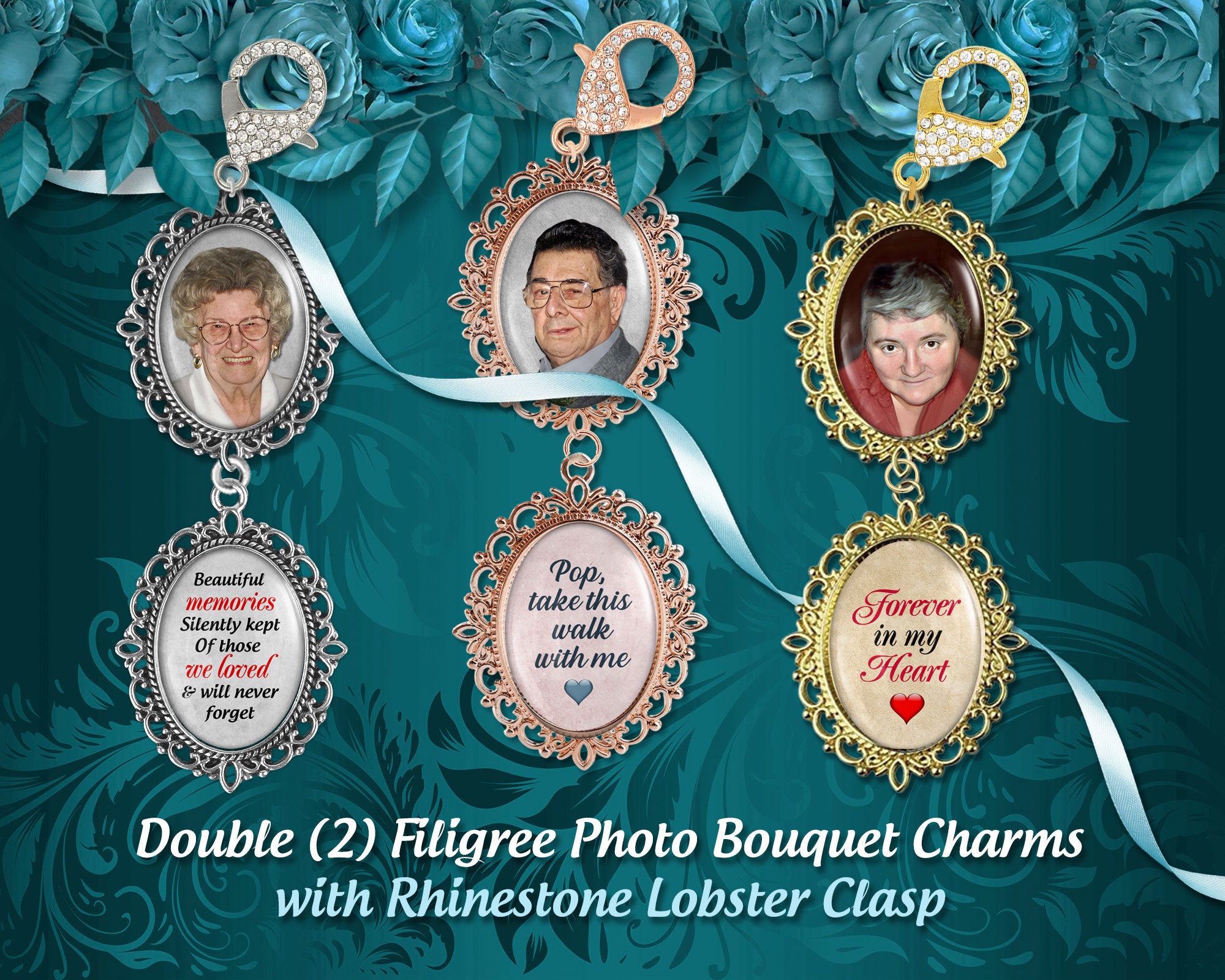 2 Two Memorial Wedding Bouquet Photo Charms with Rhinestone Lobster Great  Brides Gift to Honor Loved Ones on your Special Day