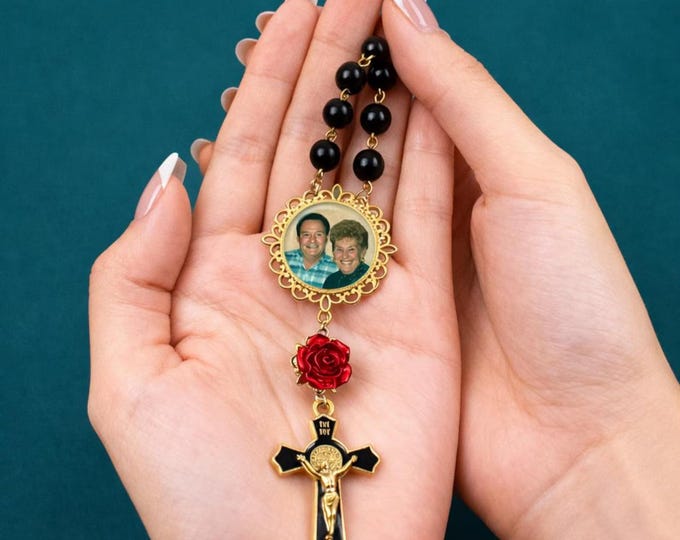 Black Custom Photo Memorial Rosary, One Decade for Travel, Car Rearview Mirrors