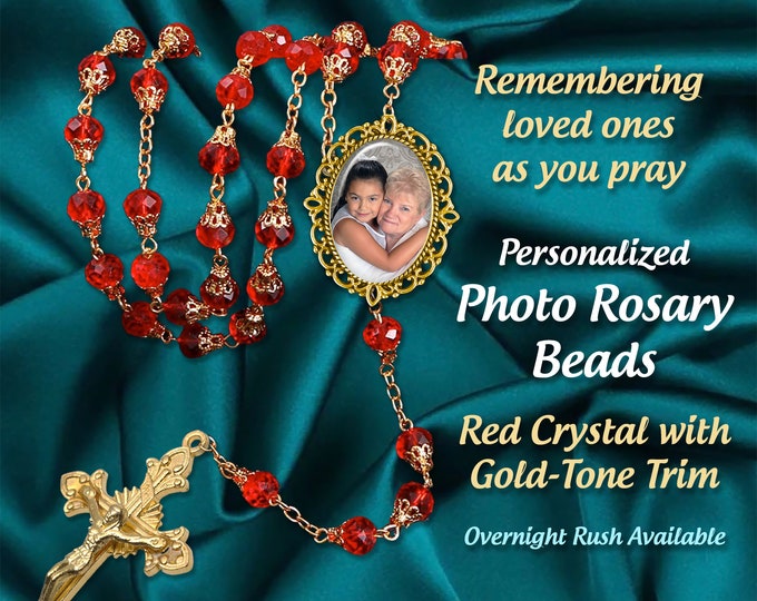 Photo Rosary Beads Red with Gold Trim Personalized with Your Picture Keepsake, Memorial Celebration of Life & Quinceanera, Special Occasion