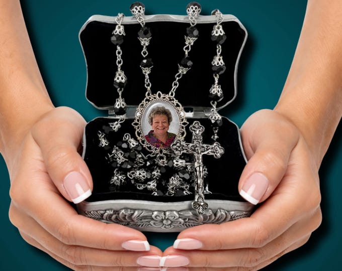 In Memory of Elegant Black Crystal Photo Rosary Beads, for Memorial, Wedding, Celebration of Life, Custom Photo