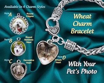 Cat or Dog Pet Lovers Photo Charm Bracelet Includes 2 Mini Charms on Wheat Cable Twisted Bracelet, Memorial Jewelry