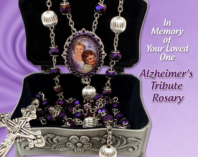 Catholic Photo Rosary – Dark Purple Crystal Beads “In Memory Of” Gift – Supports Alzheimer’s Awareness