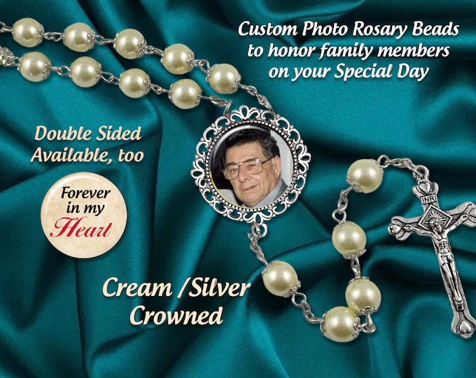 Wedding Photo Rosary Beads Using Your Picture, Luxurious CREAM -Silver Crowns,  for Quinceañeras, Sacraments, Memorials, Double Sided too