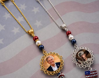 Personalized Patriotic Photo Charm, Custom Picture Ornament, USA Gift, Memorial Keepsake for Car Mirror