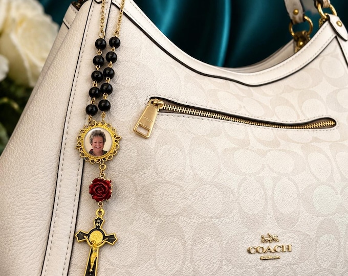 Custom Photo Memorial Rosary, Purse Charm, One Decade for Travel, Car Rearview Mirrors