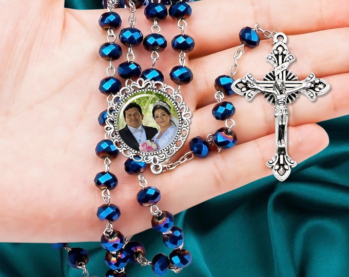 Dark Blue Crystal Iridescent Rosaries for Wedding, Communion, Baptism, Confirmation, Memorial Celebration of Life or Catholic Sympathy Gift
