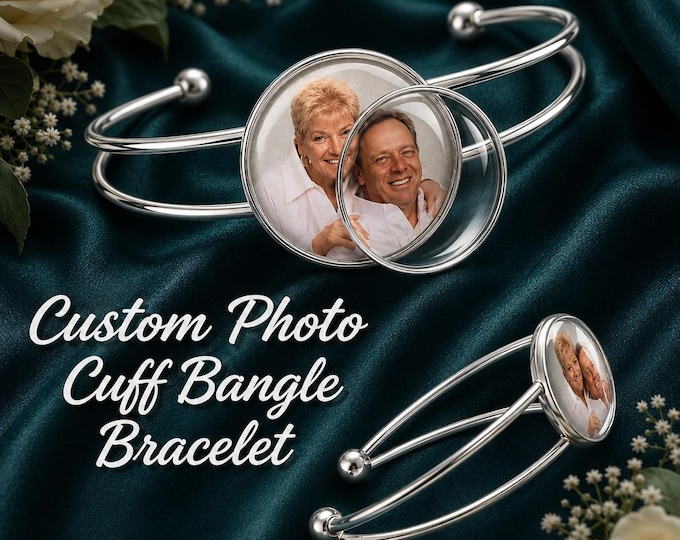 Custom Photo Cuff Bangle Bracelet – Personalized Memorial Jewelry, Gifts for Mom, Wife, Girlfriend, Grandma, Aunt