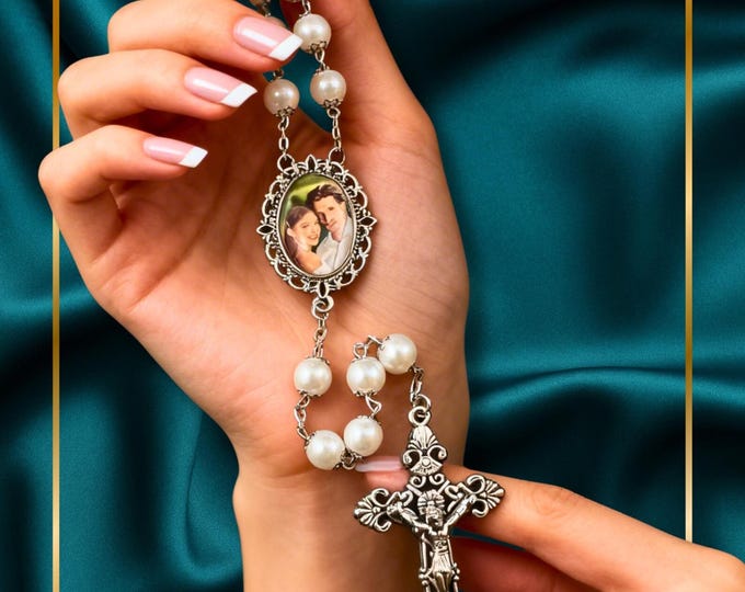 Personalized Photo Rosary Beads, Elegant WHITE -Silver Crowns, for Brides, Weddings, Quinceañeras, Sacraments, Memorials