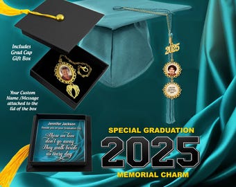 Graduation Remembrance Photo Charm for Tassel & Includes Keepsake Grad-Cap Shape Gift Box with Custom Message - And Optional Mini-Charms