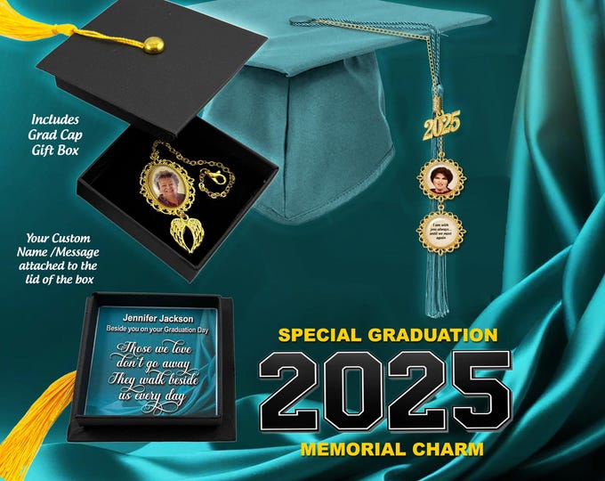 Graduation Remembrance Photo Charm for Tassel & Includes Keepsake Grad-Cap Shape Gift Box with Custom Message - And Optional Mini-Charms