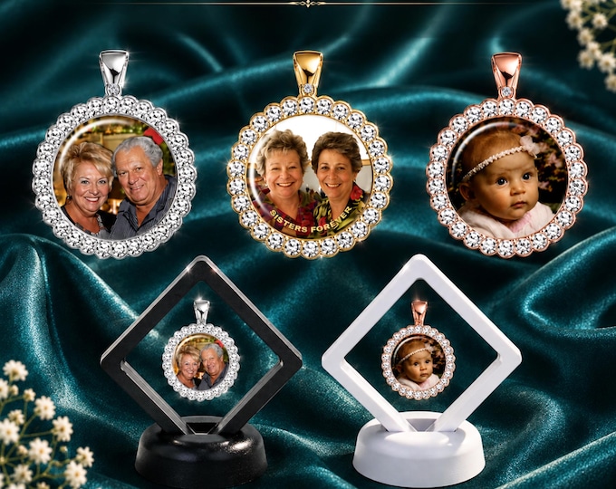 Custom Photo Rhinestone Charm for Bride, Includes Floating Display Frame, Personalized Remembrance Memorial Keepsake for the Bride