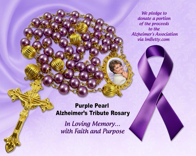 Custom Catholic Rosary with Photo – Purple Beads & Gold Trim – Memorial or Wedding Gift, Celebration of Life or Alzheimer’s Tribute