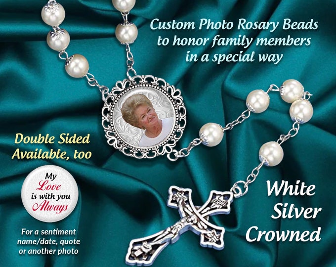Personalized Photo Rosary Beads, Elegant WHITE -Silver Crowns,  for Weddings, Quinceañeras, Sacraments, Memorials, 2- Sided