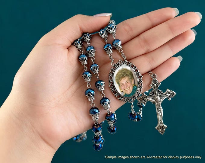 Handmade Catholic Deep Blue Crystal Picture Rosary Beads - In Memory of Rosaries Custom & Personalized with Your Photo, Sympathy Gift