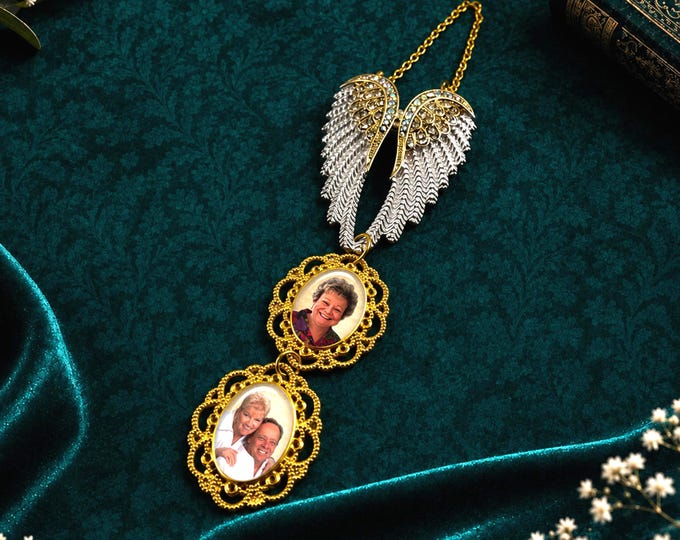 Guardian Angel Wings with 2 Photo Charms for Bridal Wedding Bouquet or Personalized Christmas Memorial Ornament In Memory Of Loved Ones